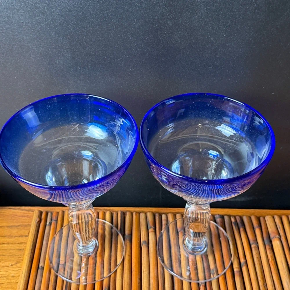 3 qty Mexican Hand Blown Margarita Glasses Cobalt Blue Rim‎ Summer Party taco